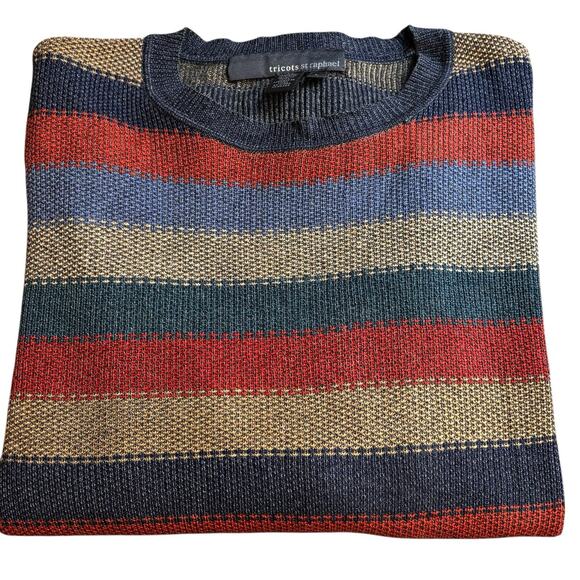 Tricots St Raphael Silk Cashmere Knit Crew Neck Tan Blue Striped Sweater Large - Picture 3 of 5